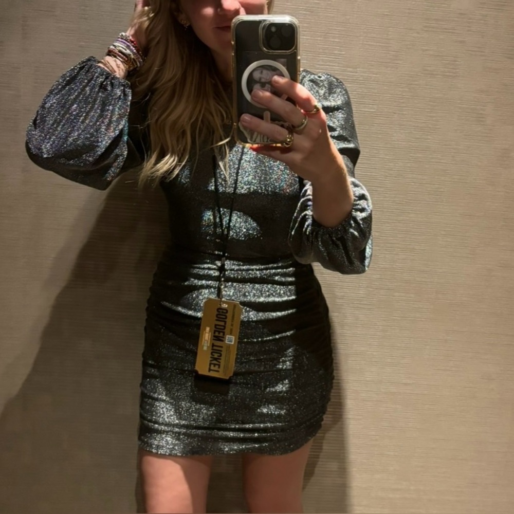 Greylin Metallic Black Ruched Mini Dress
